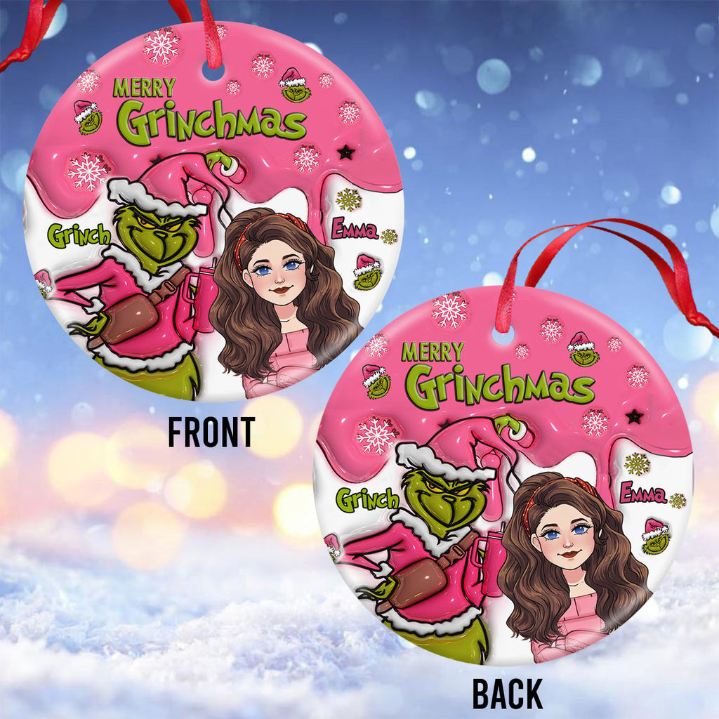 Personalized Ceramic Christmas Ornament Merry Grinchmas Gift Ceramic Circle Ornament GradoCreations
