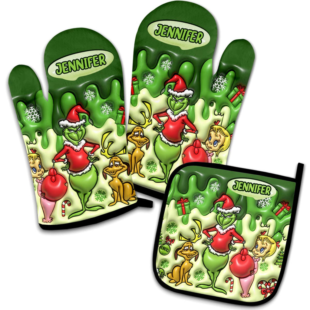 Personalized Grinch Christmas Oven Mitts & Pot Holder Set Gift for Family Oven Mitts & Pot Holder Set GradoCreations