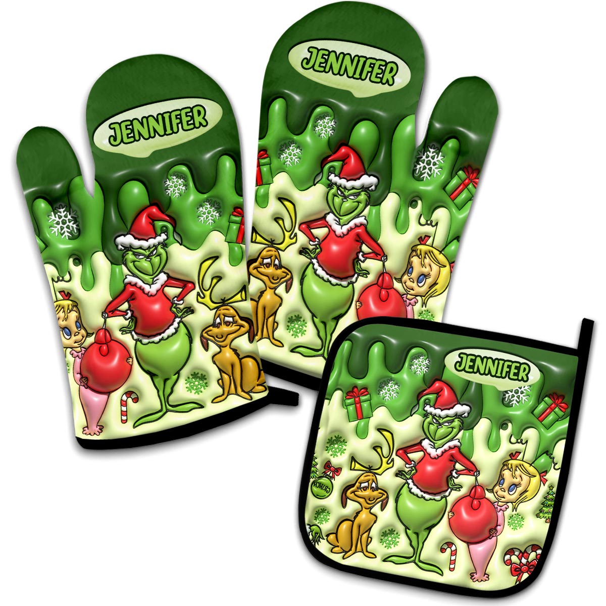 Personalized Grinch Christmas Oven Mitts & Pot Holder Set Gift for Family Oven Mitts & Pot Holder Set GradoCreations