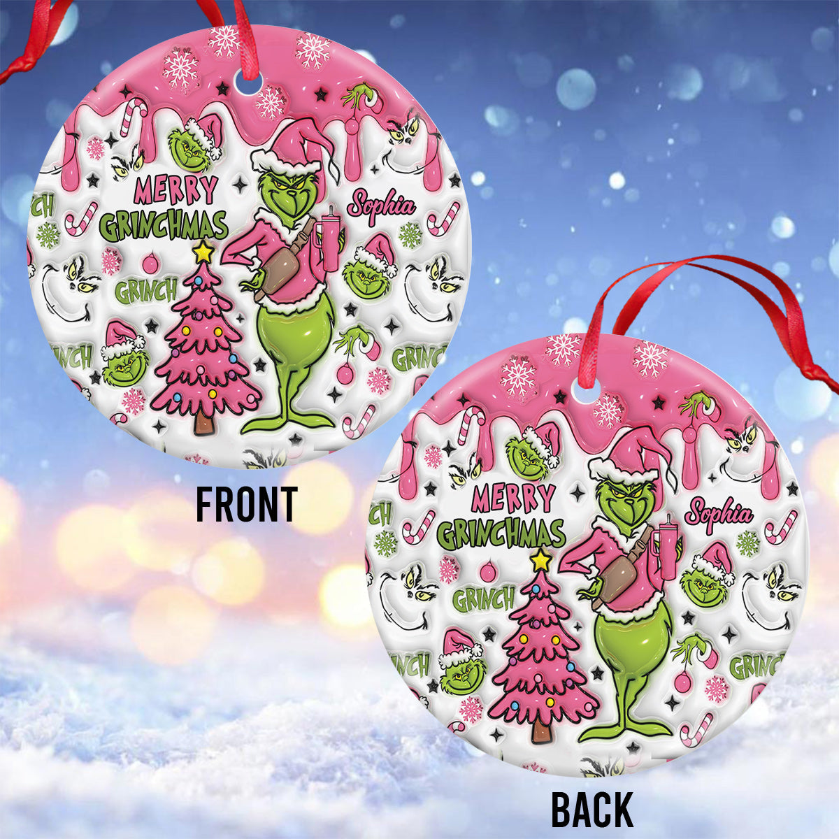 Personalized Merry Grinchmas Ceramic Ornament Gift for Christmas Ceramic Circle Ornament GradoCreations