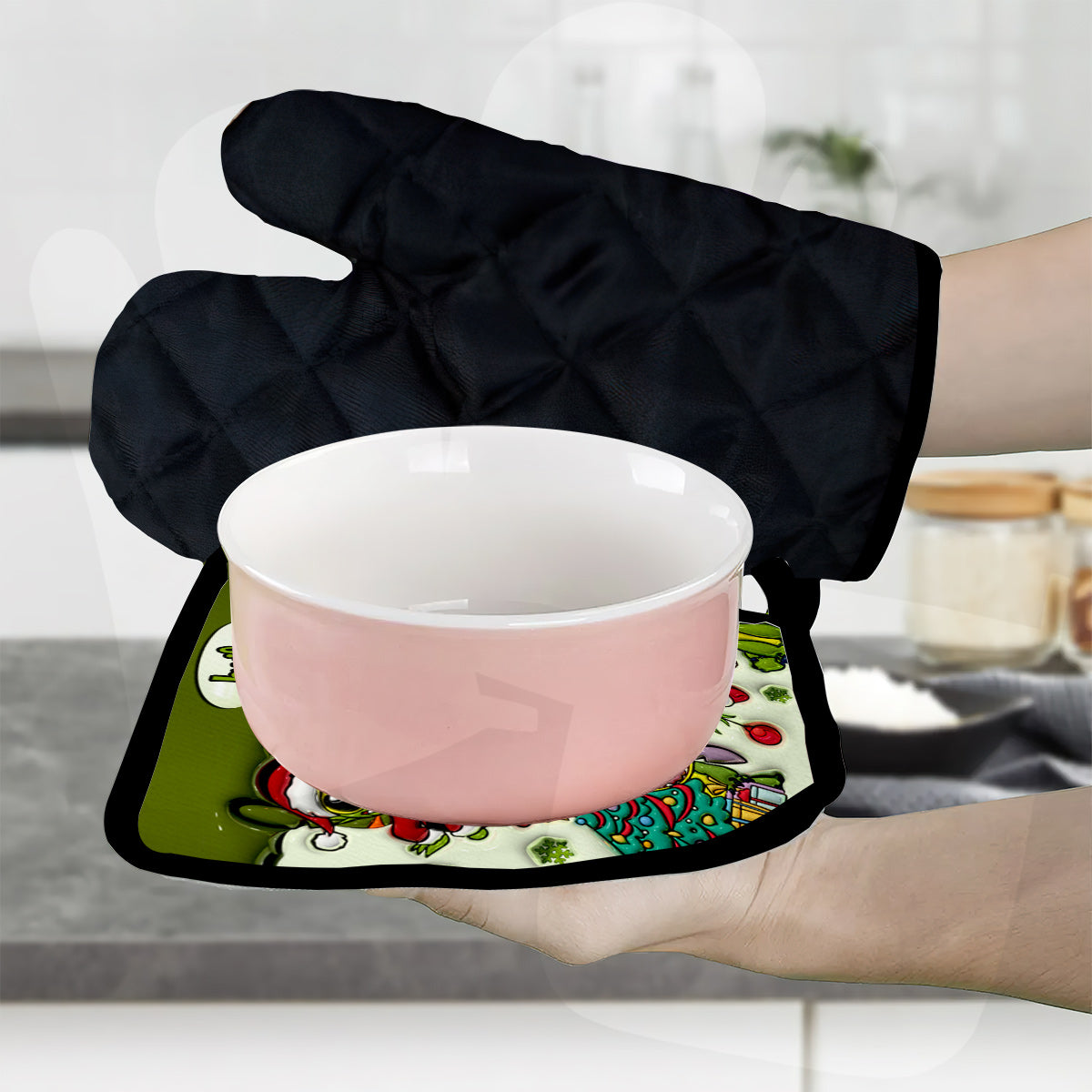 Personalized Grinch Mode Oven Mitts & Pot Holder Set for Christmas Oven Mitts & Pot Holder Set GradoCreations