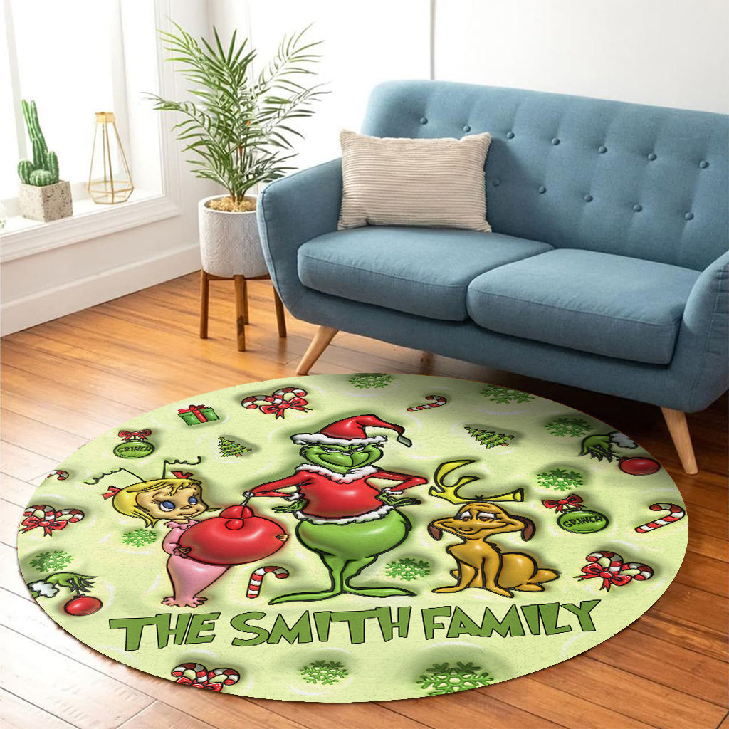 Personalized Grinch Christmas Round Rug Custom Family Name Round Rug GradoCreations