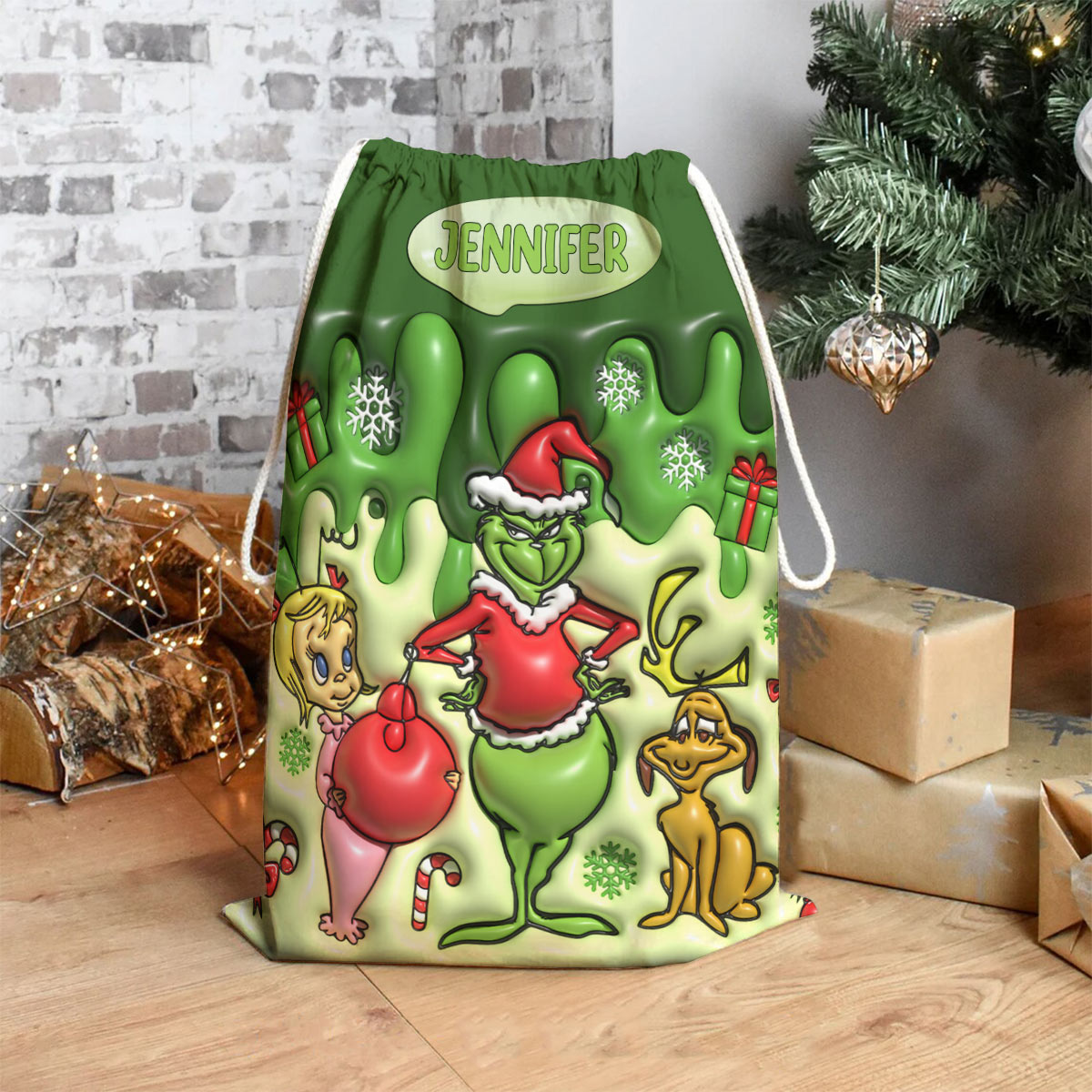 Personalized Grinch Drawstring Tote Bag for Christmas Gifts Drawstring Tote Bag GradoCreations