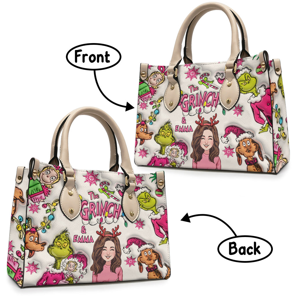 Personalized Grinch Leather Handbag Custom Name Christmas Gift Leather Handbag GradoCreations