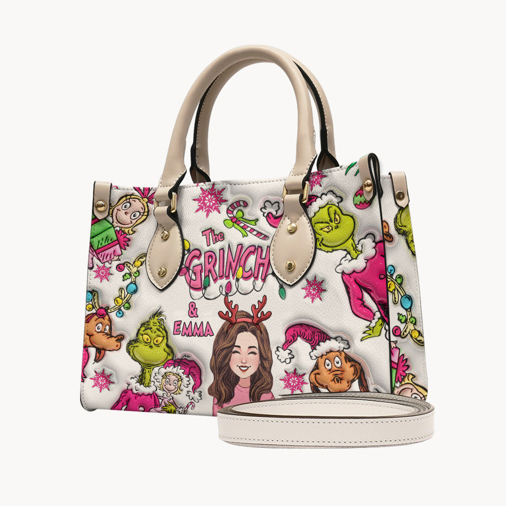 Personalized Grinch Leather Handbag Custom Name Christmas Gift Leather Handbag GradoCreations