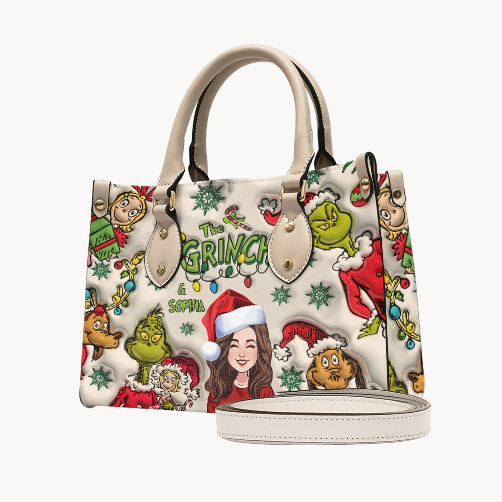 Customized Grinch Pattern Leather Handbag for Women - Unique Gift Leather Handbag GradoCreations