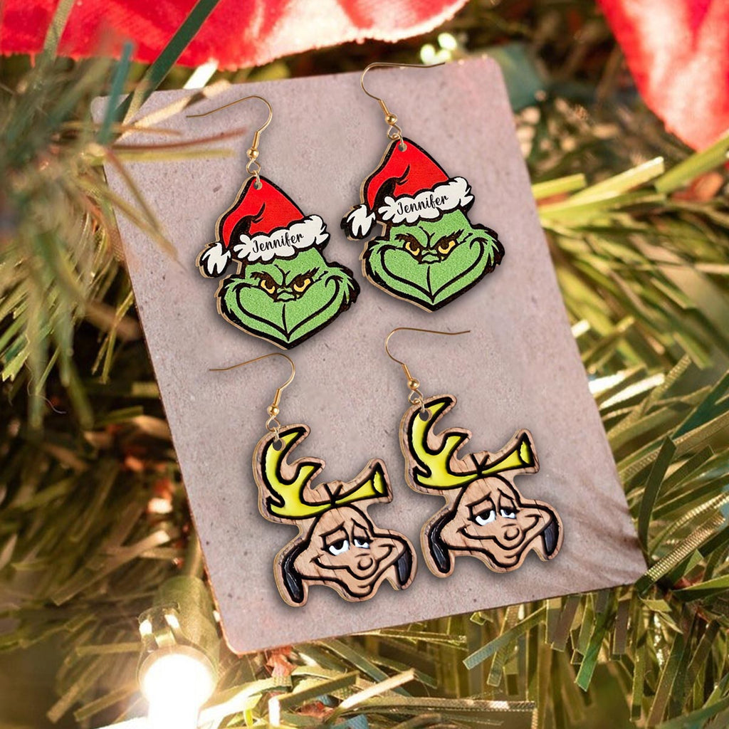 Personalized Wooden Christmas Earrings Custom Grinch Design Gift Wooden Earrings GradoCreations
