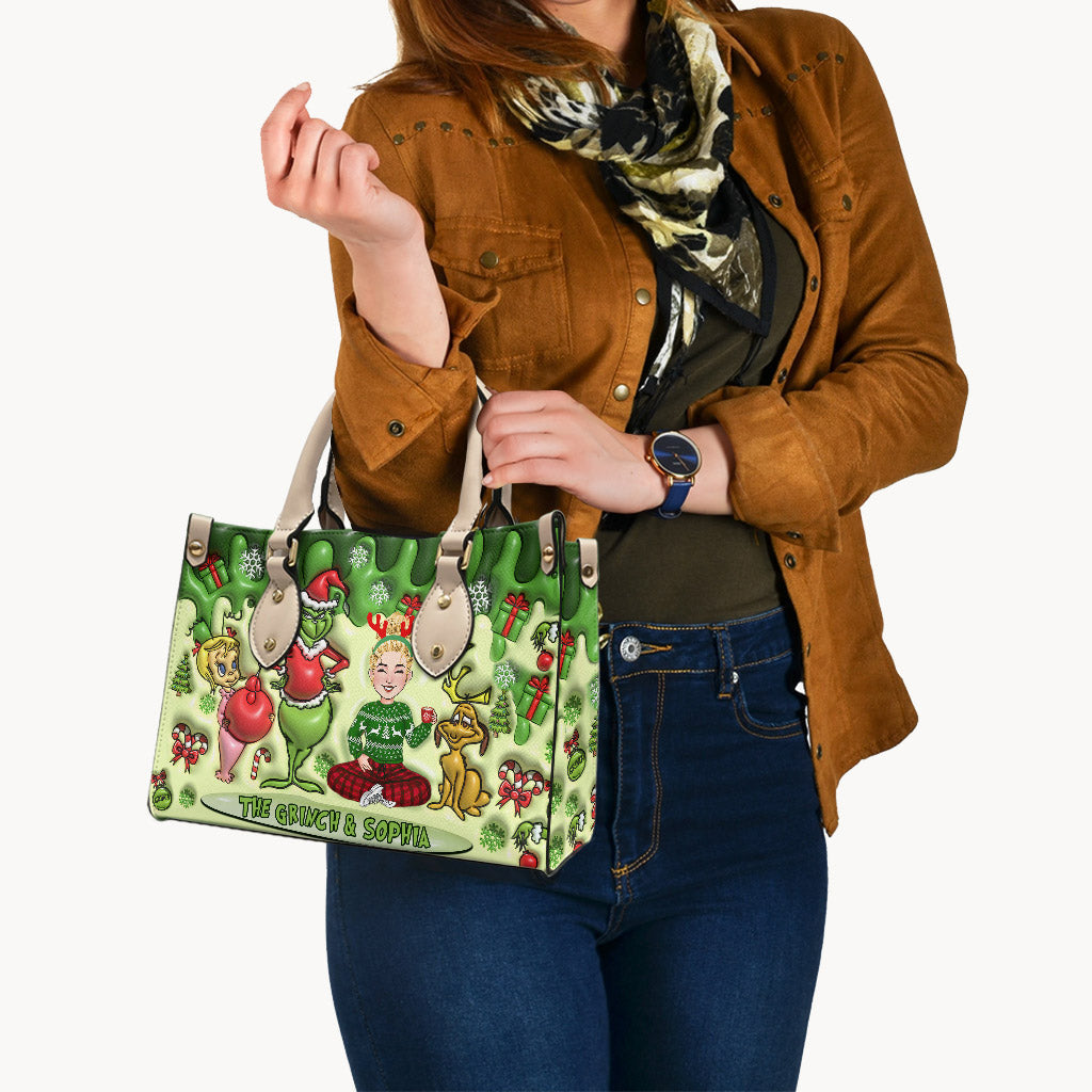Personalized Grinch Theme Leather Handbag for Christmas Gift Leather Handbag GradoCreations