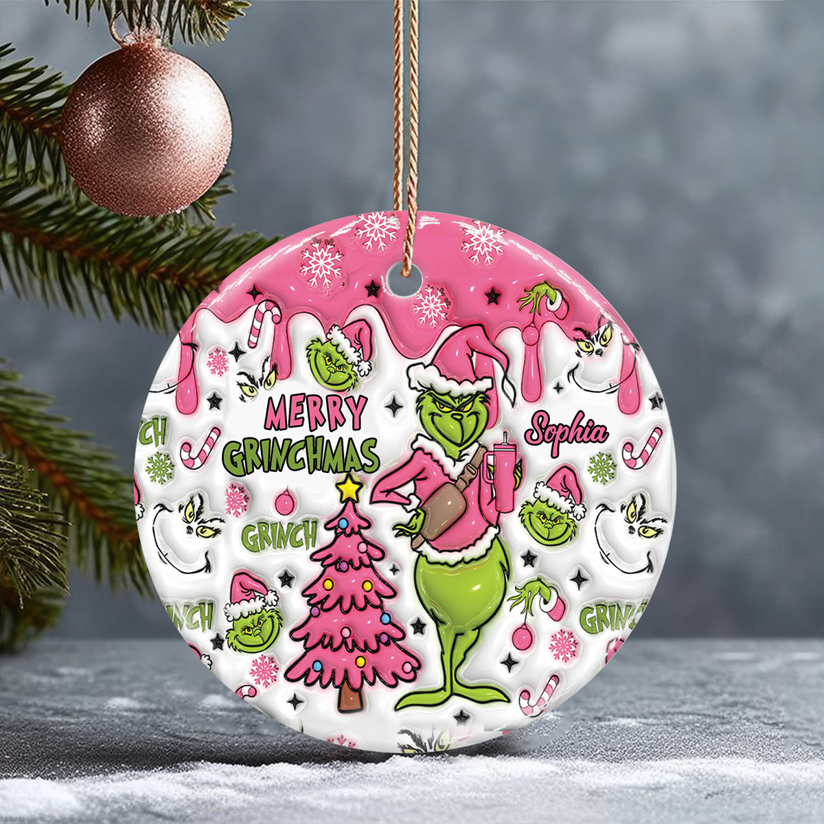 Personalized Merry Grinchmas Ceramic Ornament Gift for Christmas Ceramic Circle Ornament GradoCreations