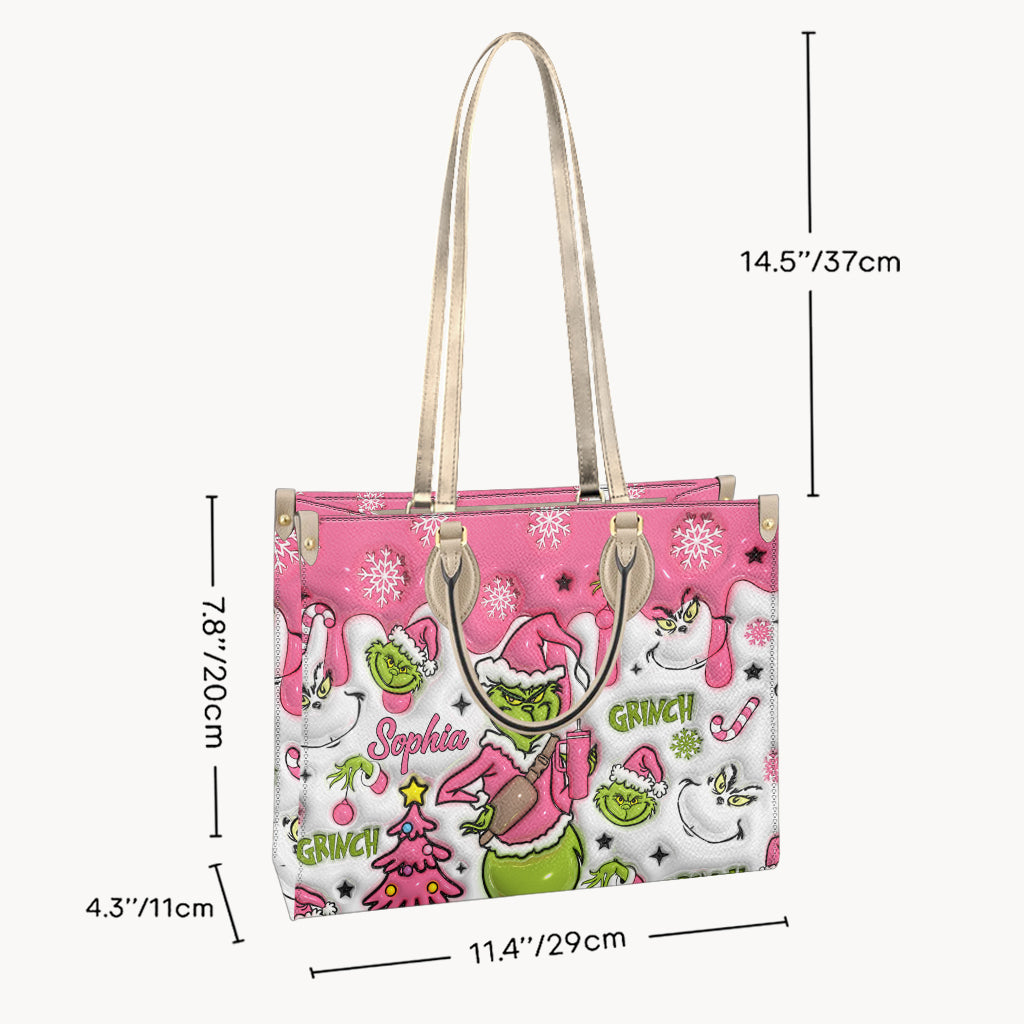 Personalized Leather Handbag with Grinch Design for Women - Custom Name Gift Leather Handbag GradoCreations