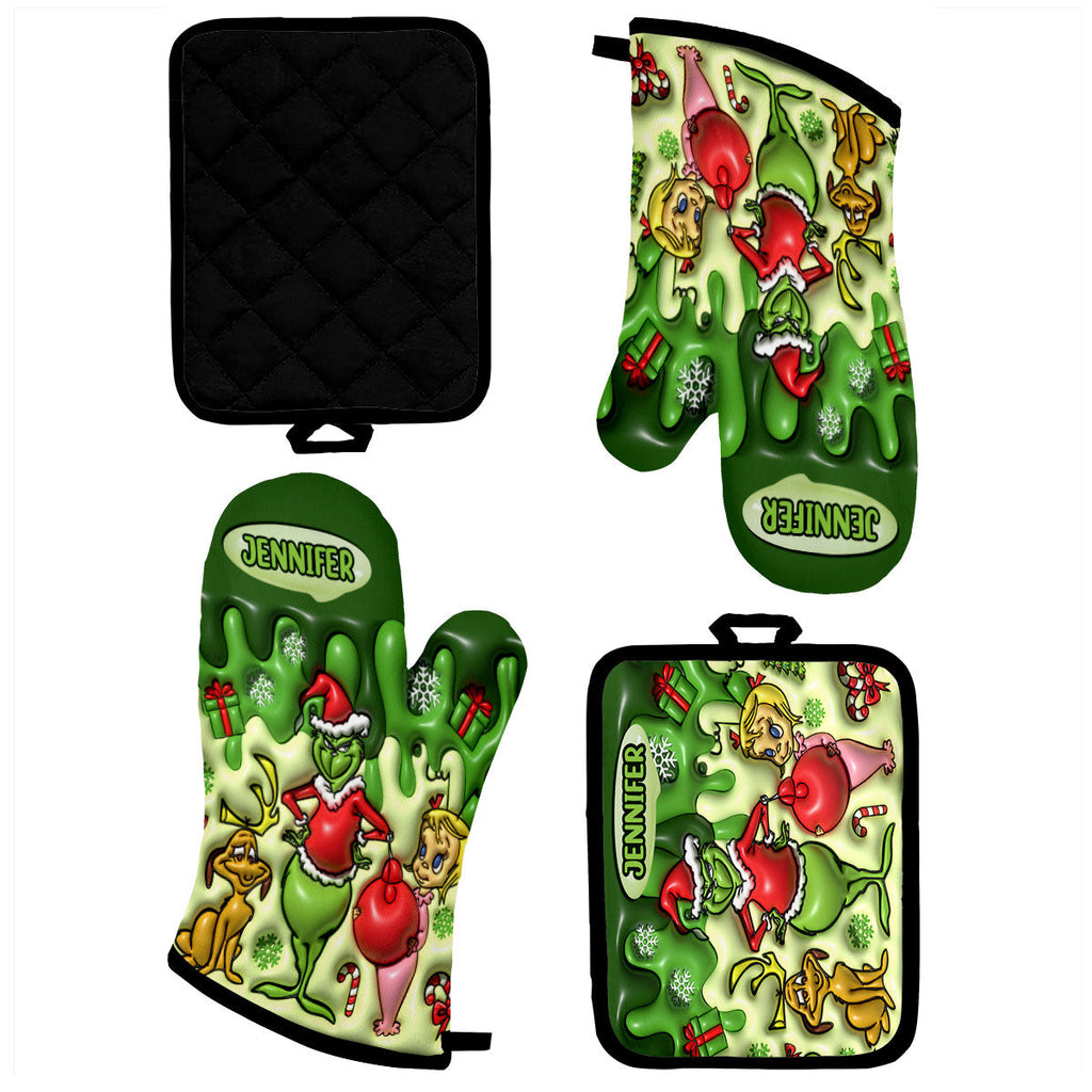 Personalized Grinch Christmas Oven Mitts & Pot Holder Set Gift for Family Oven Mitts & Pot Holder Set GradoCreations