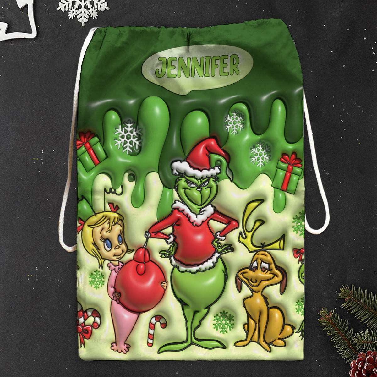 Personalized Grinch Drawstring Tote Bag for Christmas Gifts Drawstring Tote Bag GradoCreations