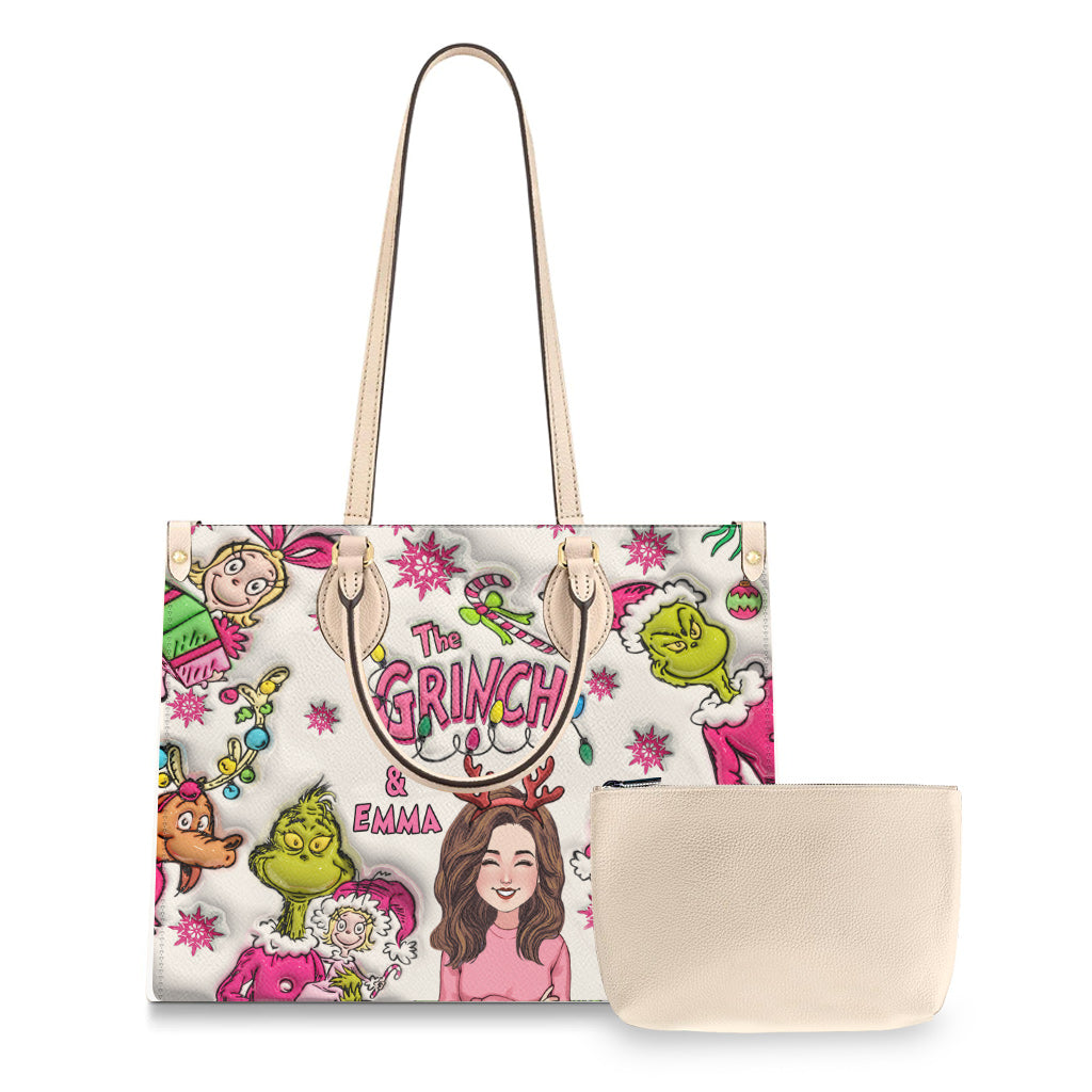 Personalized Grinch Leather Handbag Custom Name Christmas Gift Leather Handbag GradoCreations