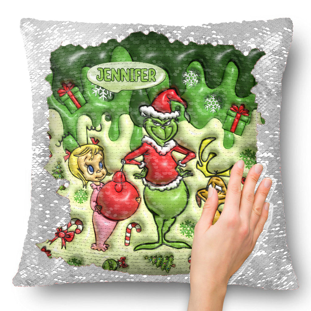Personalized Sequin Pillow Cover with Grinch Design for Christmas Gift Sequin Pillow Cover GradoCreations