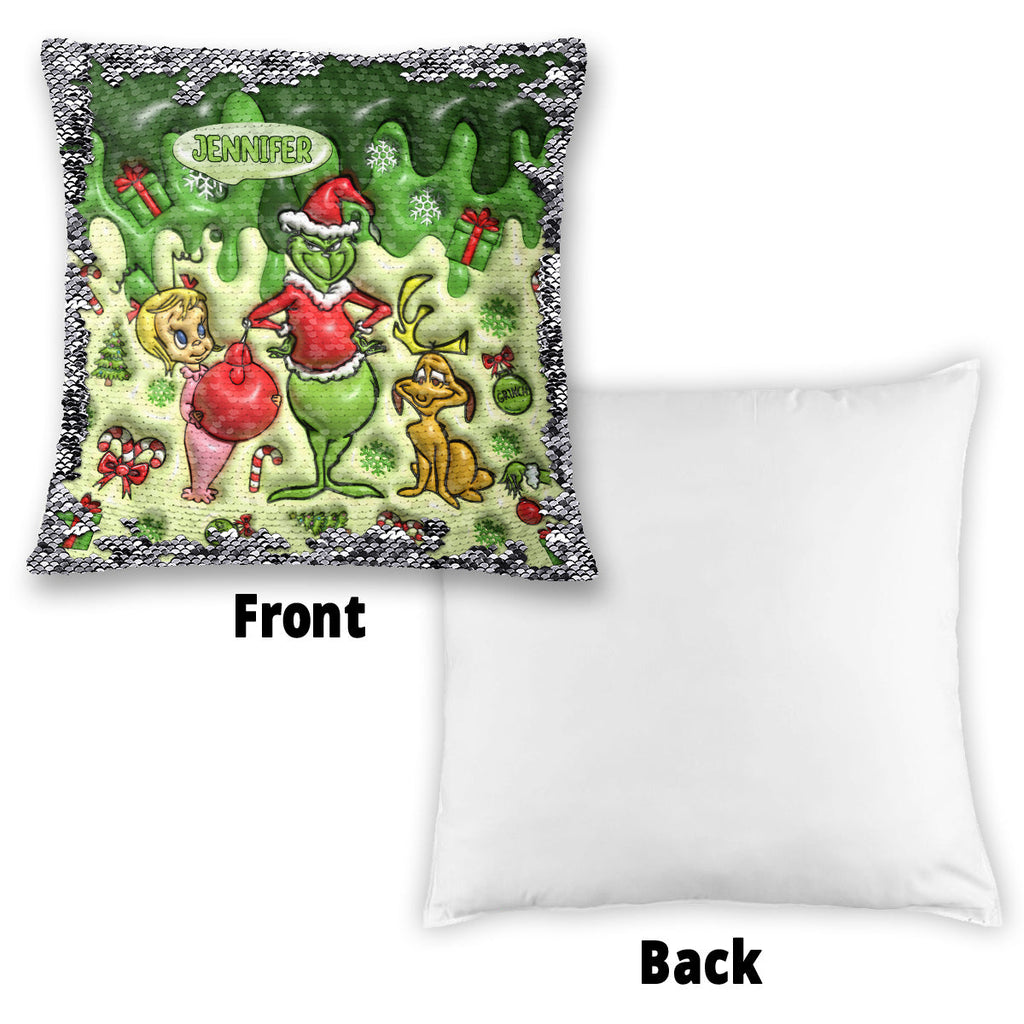 Personalized Sequin Pillow Cover with Grinch Design for Christmas Gift Sequin Pillow Cover GradoCreations