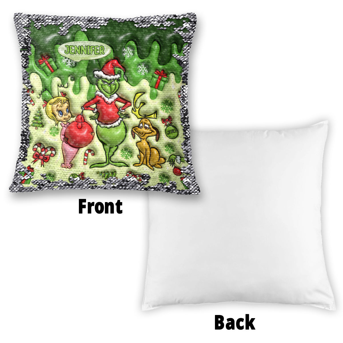 Personalized Sequin Pillow Cover with Grinch Design for Christmas Gift Sequin Pillow Cover GradoCreations