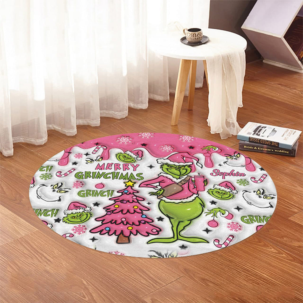 Personalized Grinchmas Round Rug Custom Name Christmas Decor Round Rug GradoCreations