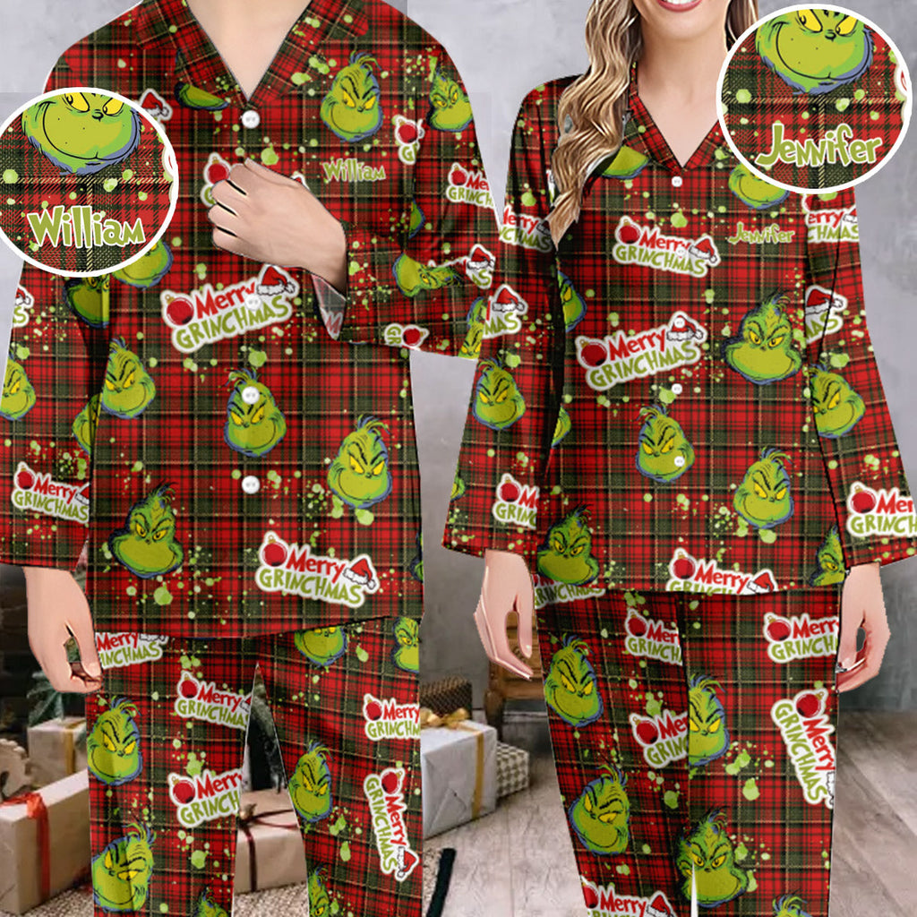 Personalized Merry Grinchmas Button Down Pajamas for Couples Button Down Pajamas GradoCreations