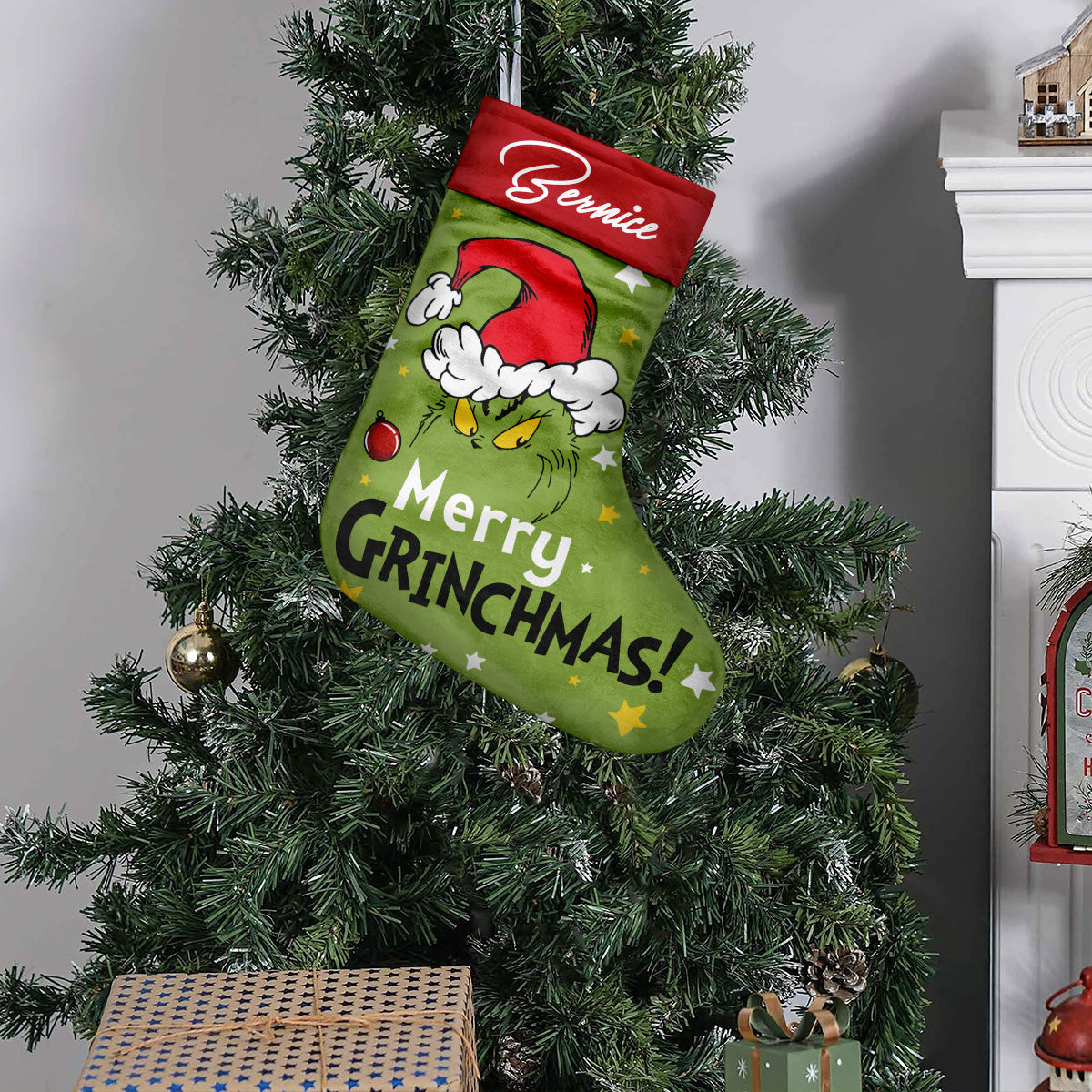 Personalized Grinch Christmas Stocking Custom Name Holiday Decor Christmas Stockings GradoCreations