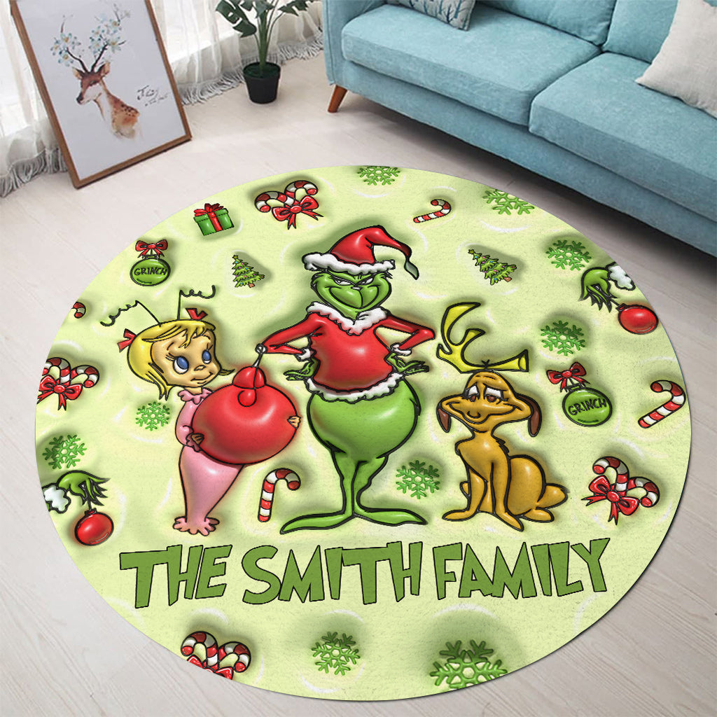 Personalized Grinch Christmas Round Rug Custom Family Name Round Rug GradoCreations