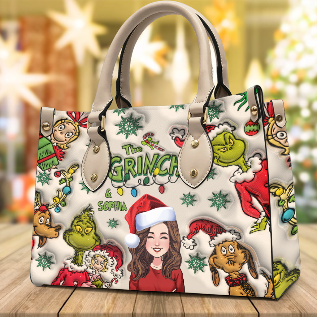 Customized Grinch Pattern Leather Handbag for Women - Unique Gift Leather Handbag GradoCreations
