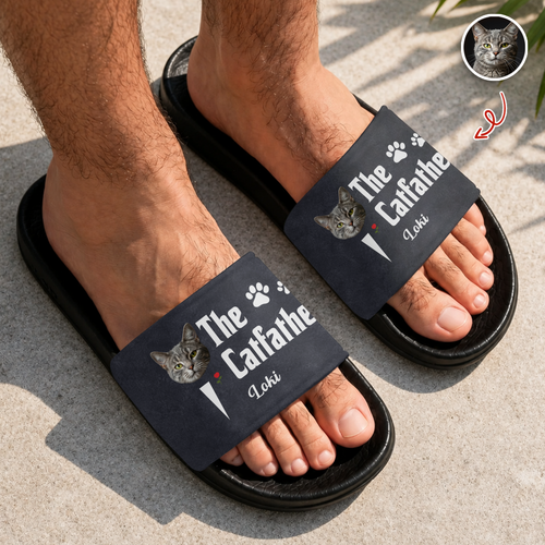 Custom Photo Slide Sandals Funny Gift for Cat Dad HN590 - Slide Sandals GradoCreations