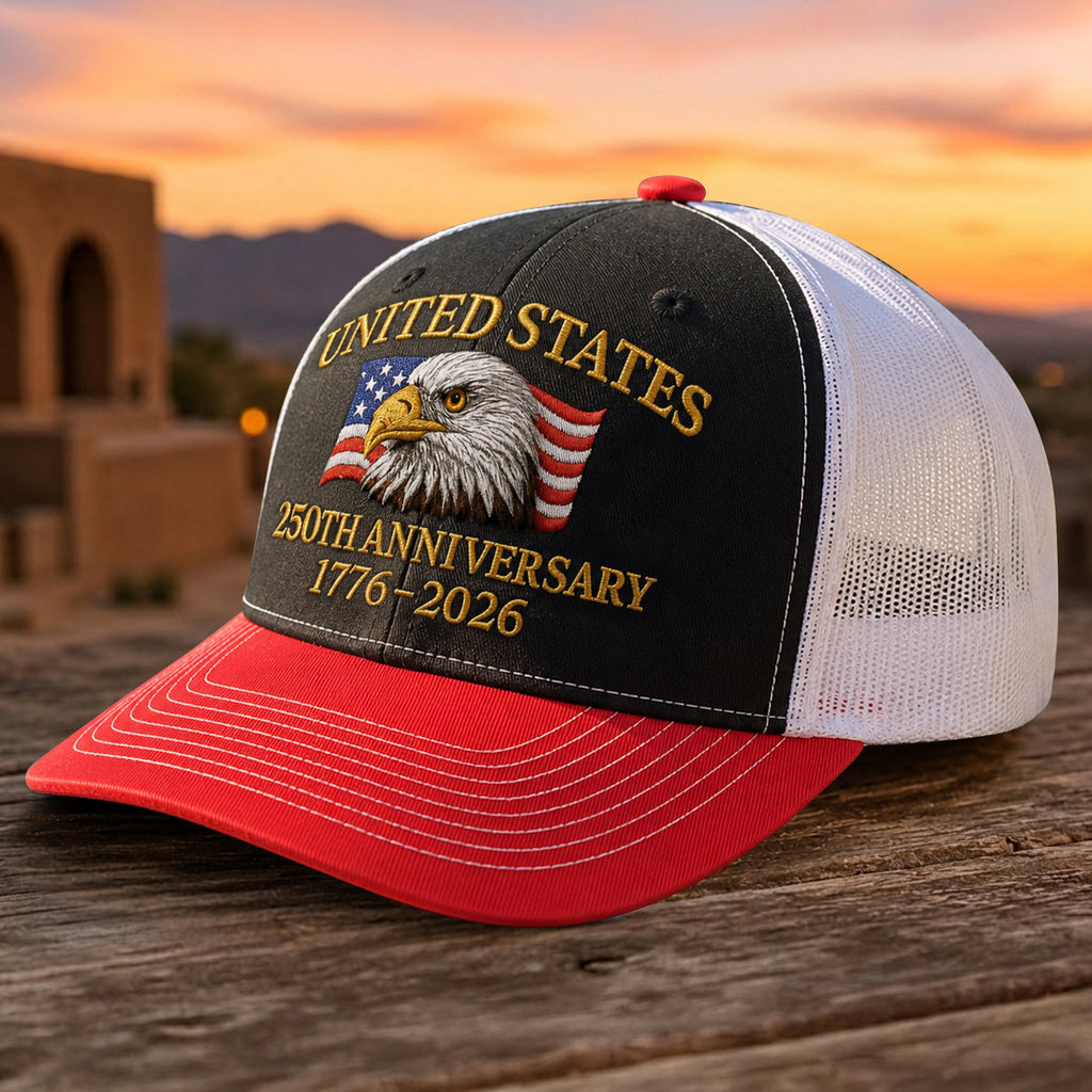 Embroidered Eagle Trucker Hat Custom 250th Anniversary Gift HN590 - Embroidered Trucker Hat fix GradoCreations