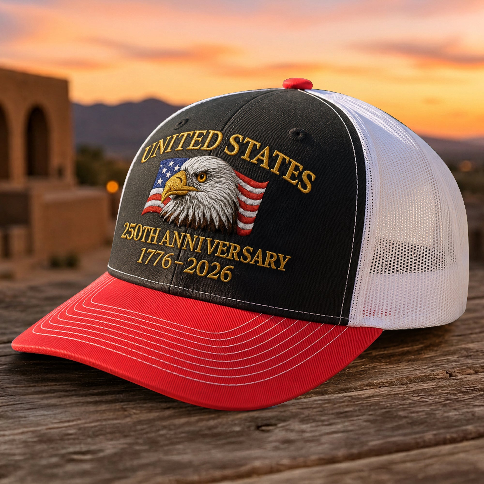 Embroidered Eagle Trucker Hat Custom 250th Anniversary Gift HN590 - Embroidered Trucker Hat fix GradoCreations