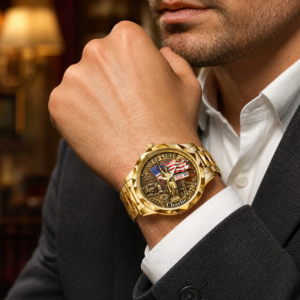 Personalized Gold Wrist Watch with USA Flag Custom Name Gift for Him