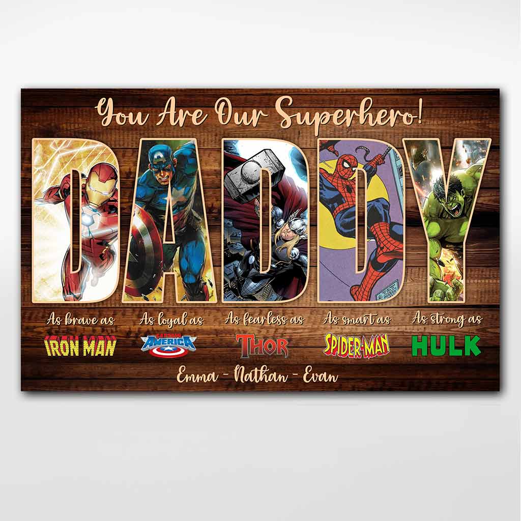 Personalized Superhero Poster for Dad Custom Names Father's Day Gift Canvas and Poster GradoCreations