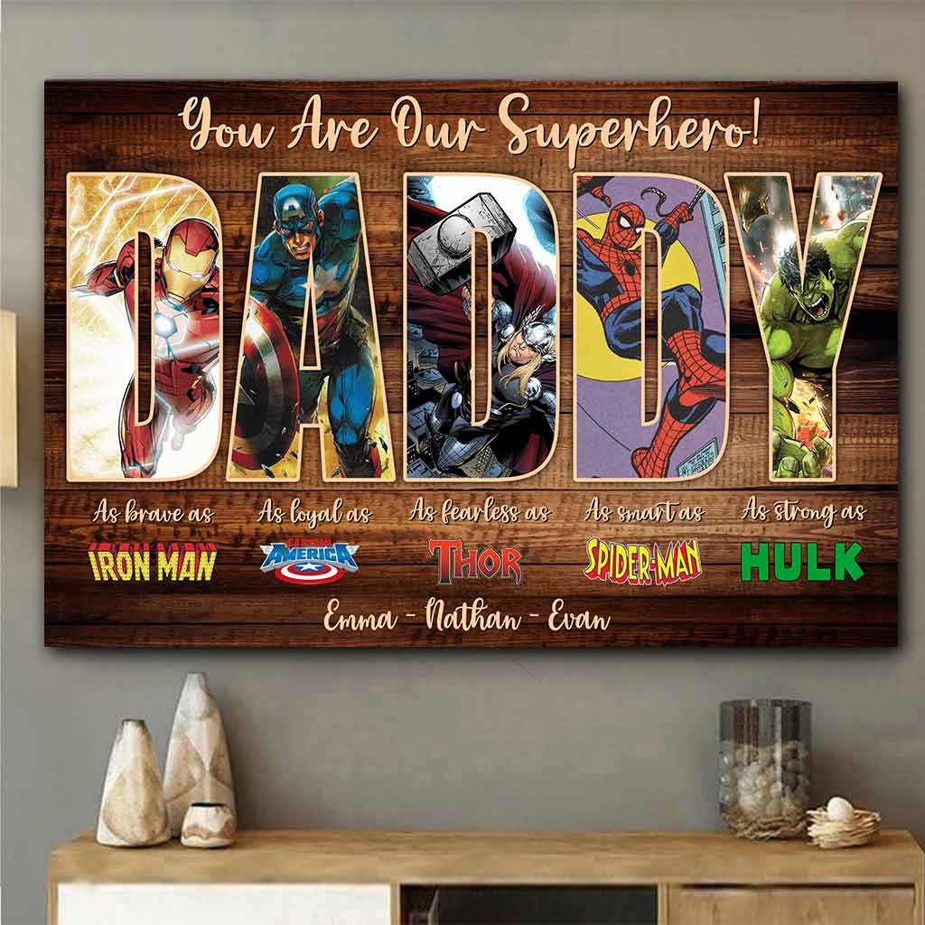 Personalized Superhero Poster for Dad Custom Names Father's Day Gift Canvas and Poster GradoCreations