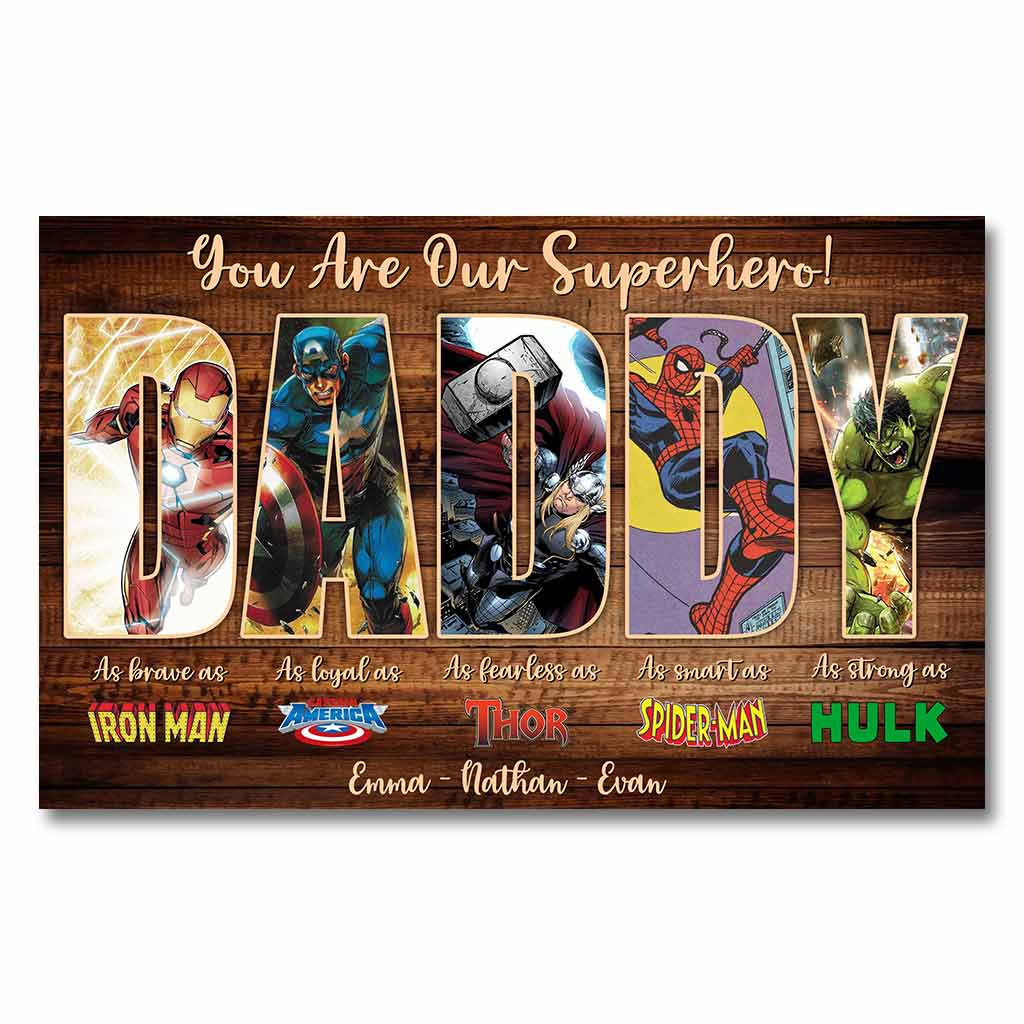 Personalized Superhero Poster for Dad Custom Names Father's Day Gift Canvas and Poster GradoCreations