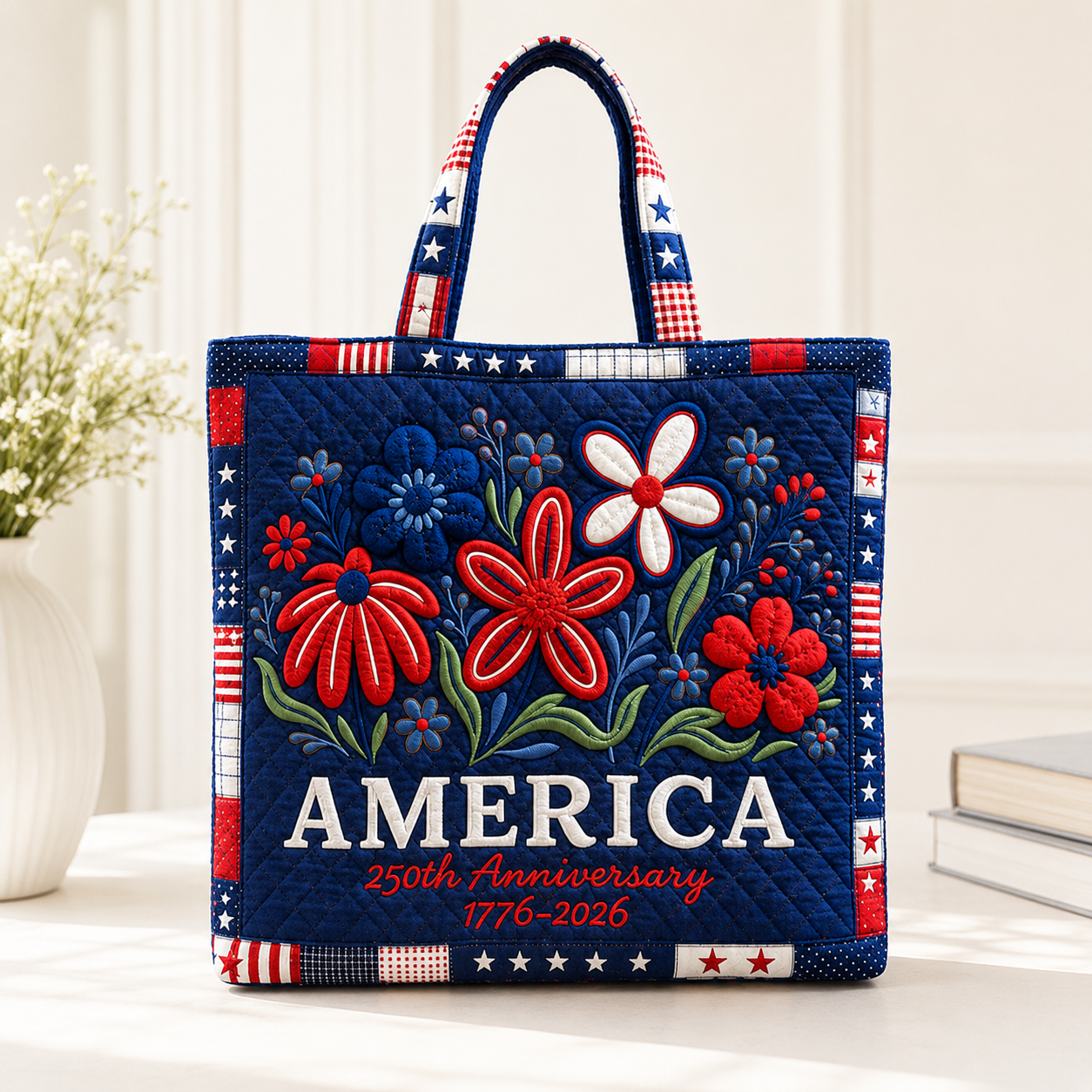 Personalized Patriotic Quilted Tote Bag Floral America 250th Anniversary Gift for Her