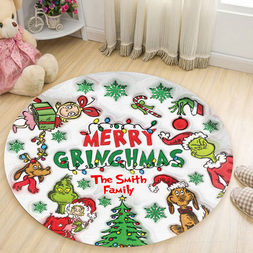 Personalized Merry Grinchmas Round Rug Custom Family Name Christmas Gift Round Rug GradoCreations