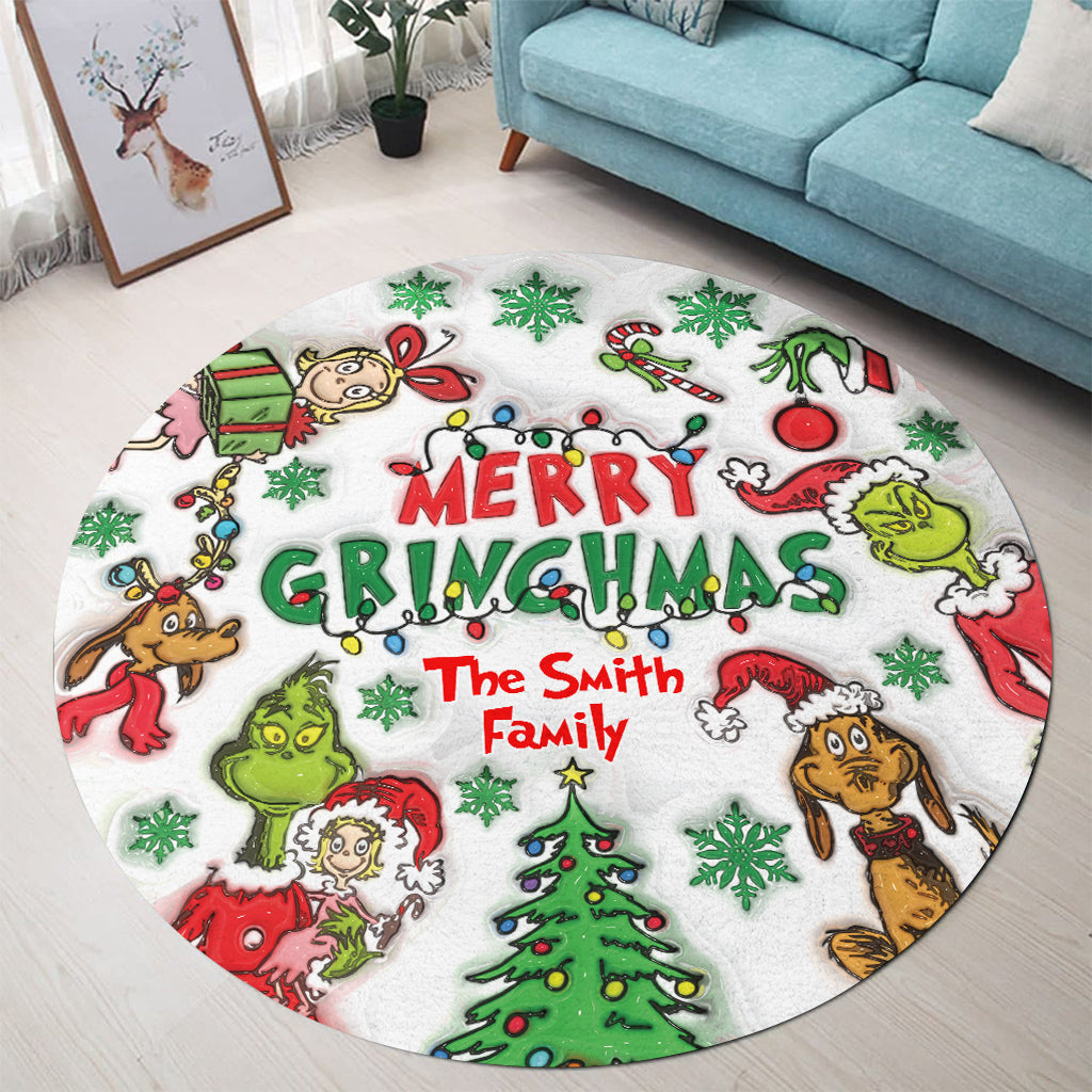 Personalized Merry Grinchmas Round Rug Custom Family Name Christmas Gift Round Rug GradoCreations
