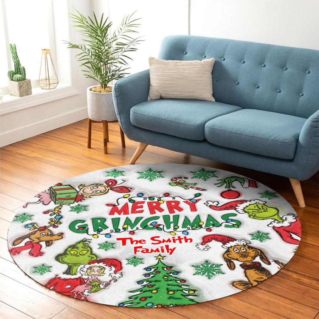 Personalized Merry Grinchmas Round Rug Custom Family Name Christmas Gift Round Rug GradoCreations