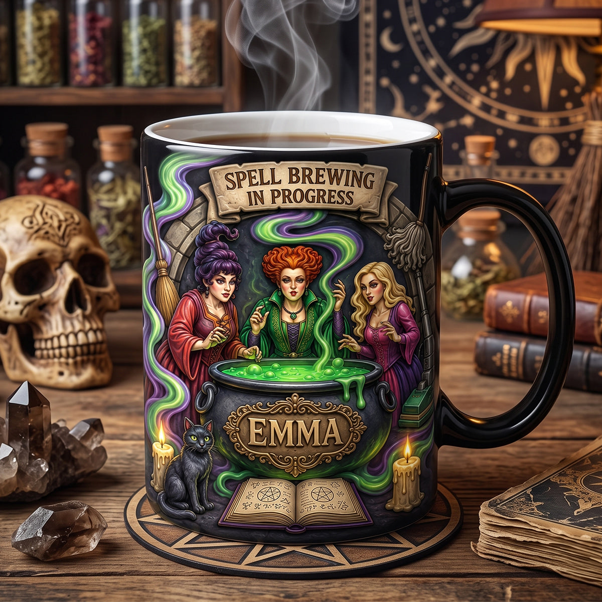 Personalized Halloween Coffee Mug with Witch Artwork Gift for Her Mug GradoCreations