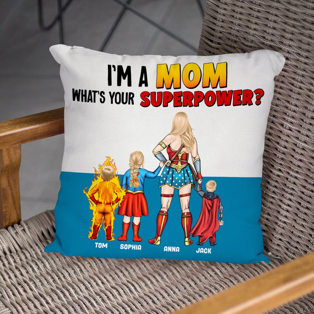 Personalized Superhero Mom Pillow Custom Family Names Gift for Mother's Day
