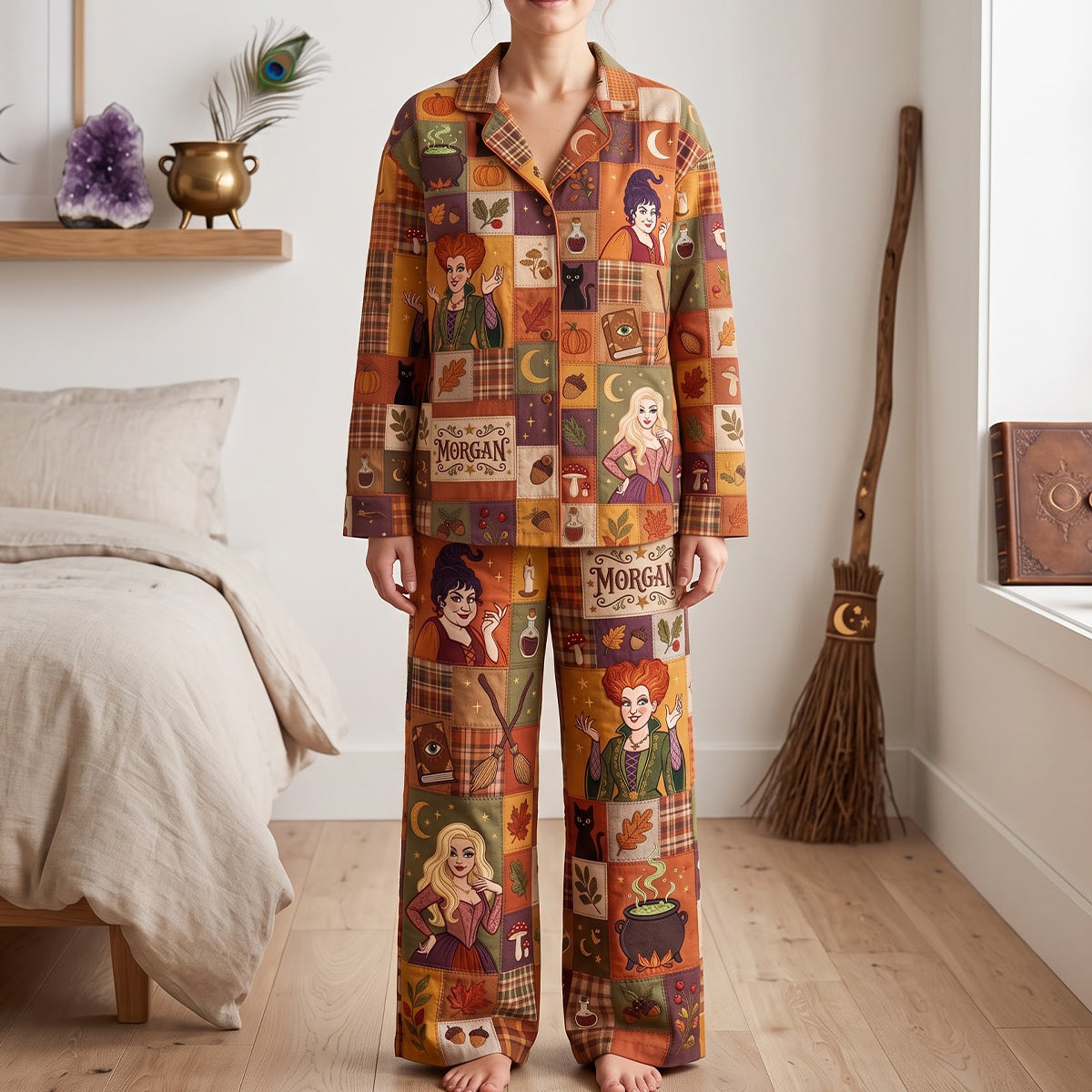 Custom Name Halloween Pajama Set for Adults & Kids | Patchwork Style Gift Pajama Set GradoCreations