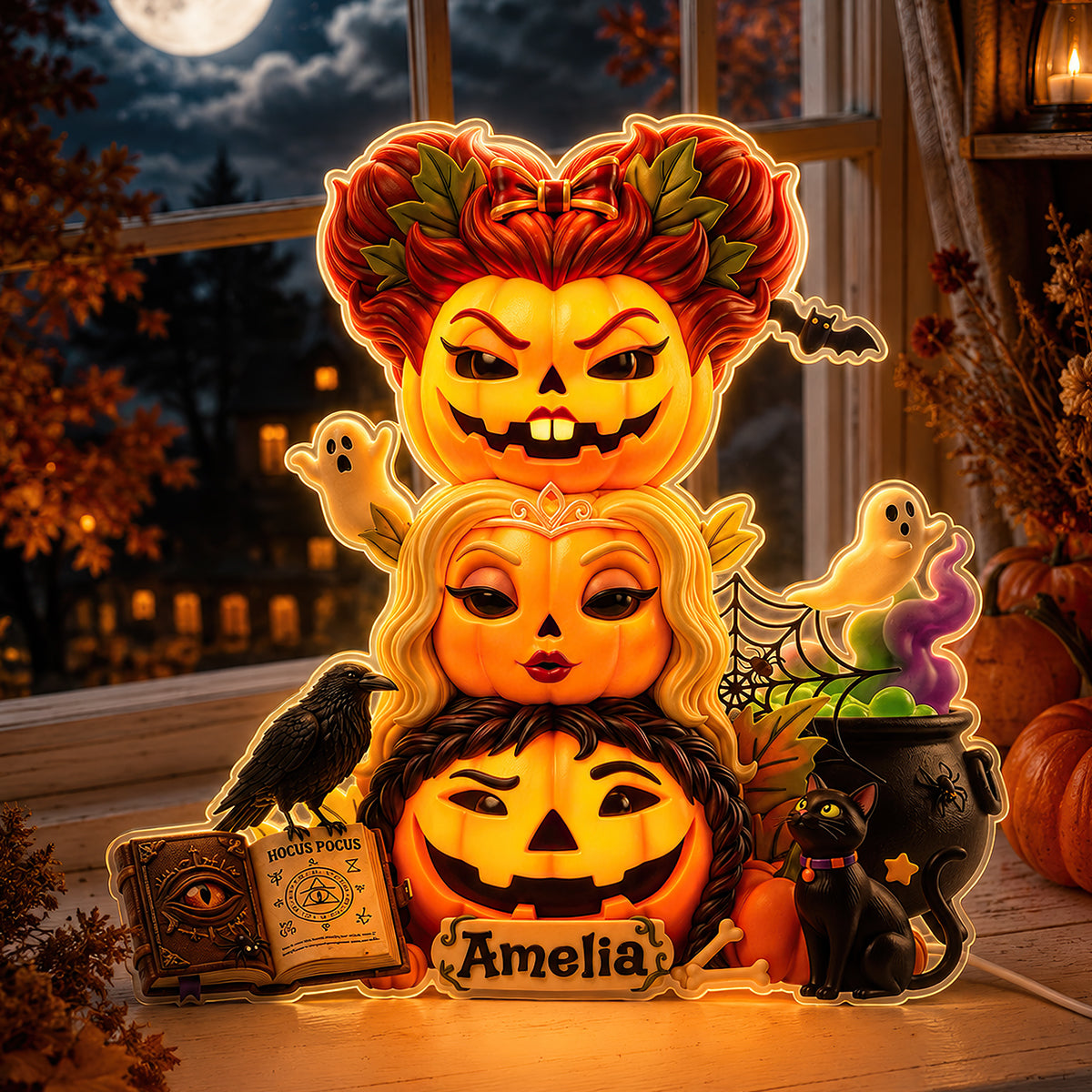Personalized Acrylic Light Box Witch Pumpkin Stack Halloween Décor Acrylic Light Box GradoCreations