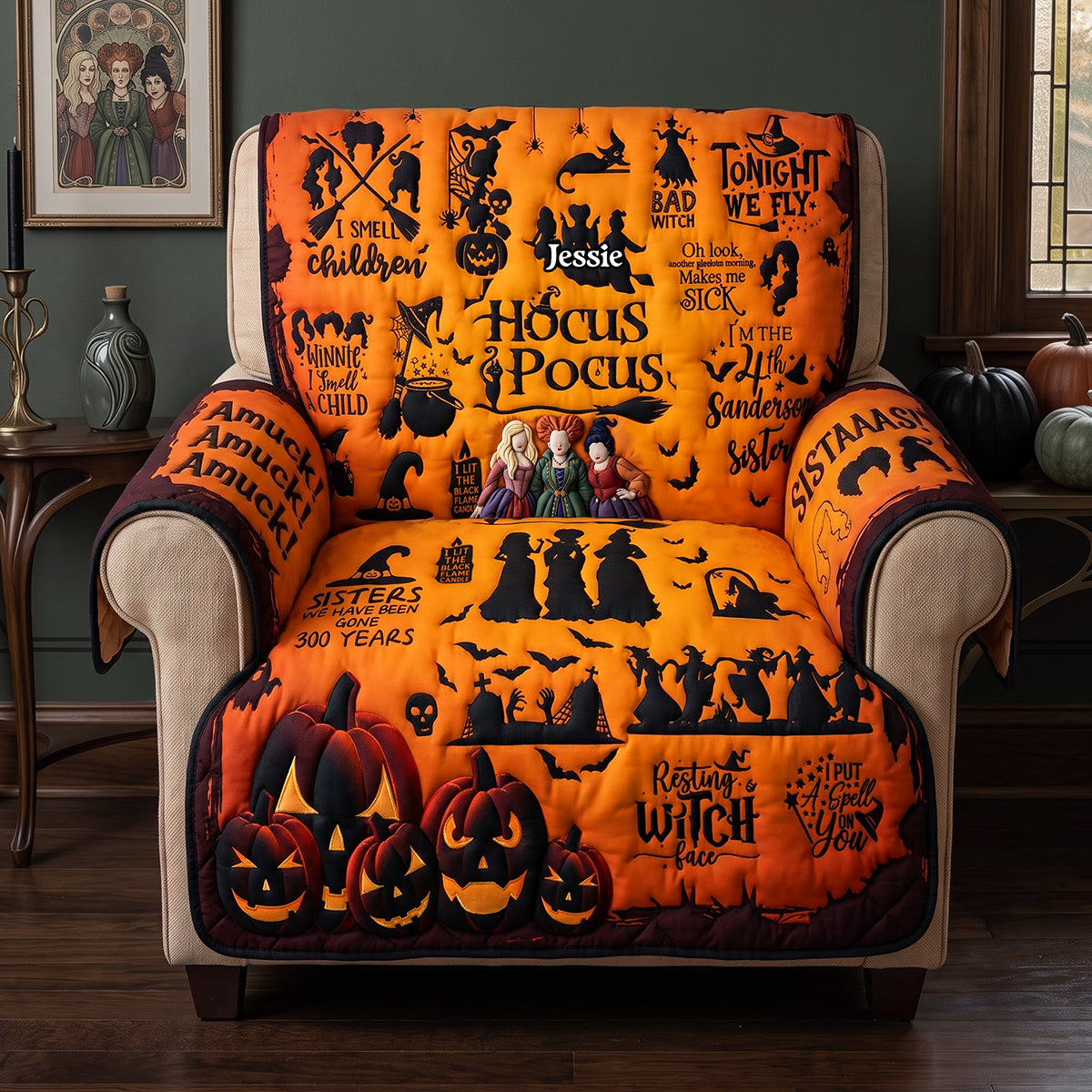 Personalized Hocus Pocus Halloween Quilted Sofa Cover for Family Quited Sofa Cover GradoCreations