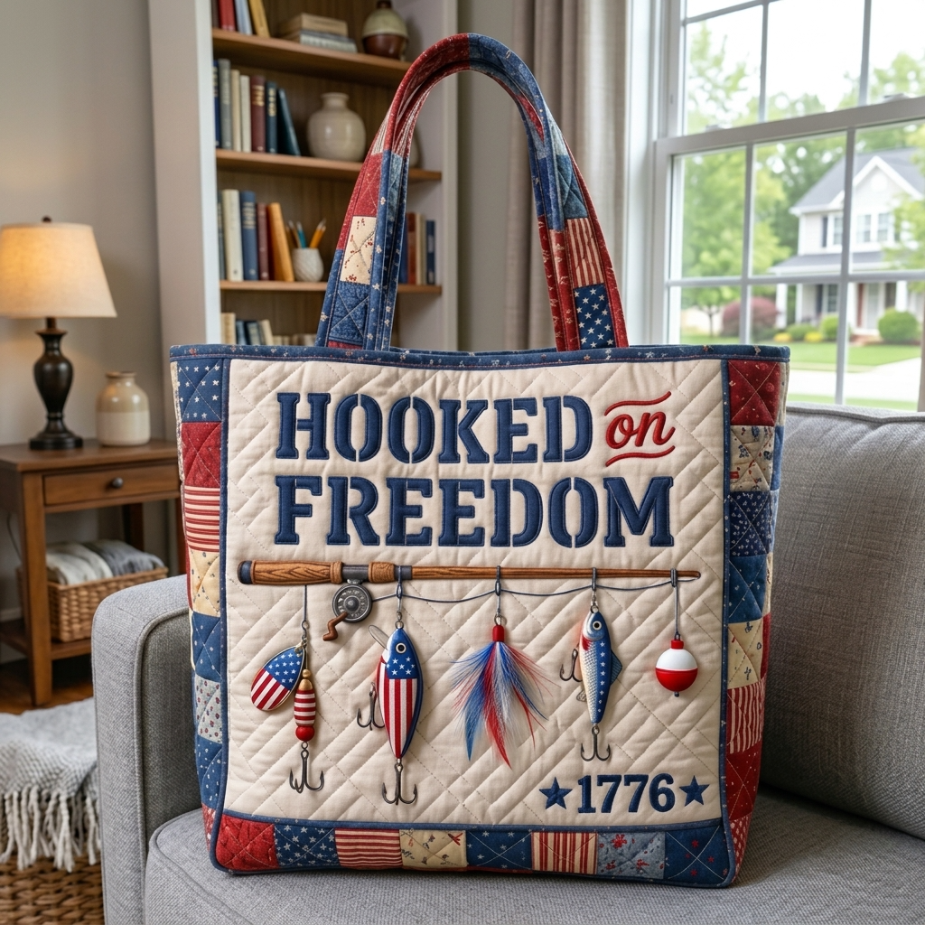 Quilted Fishing Tote Bag with Patriotic Design | Unique Gift for Fisherman