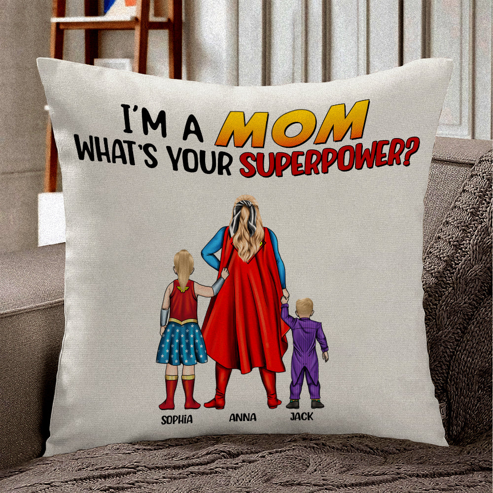 Personalized Super Mom Pillow Custom Family Names Gift for Mom