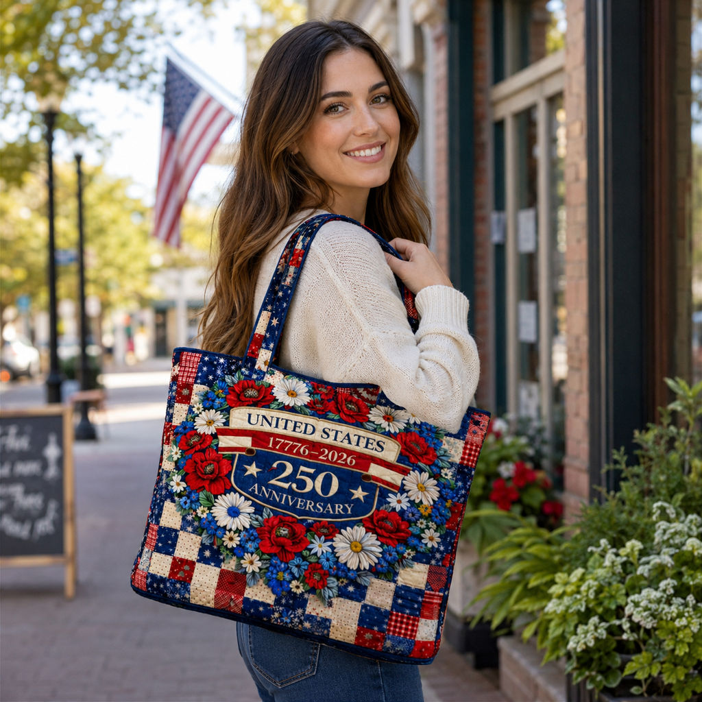US 250th Anniversary Floral Quilted Tote Bag Patriotic Gift for Her