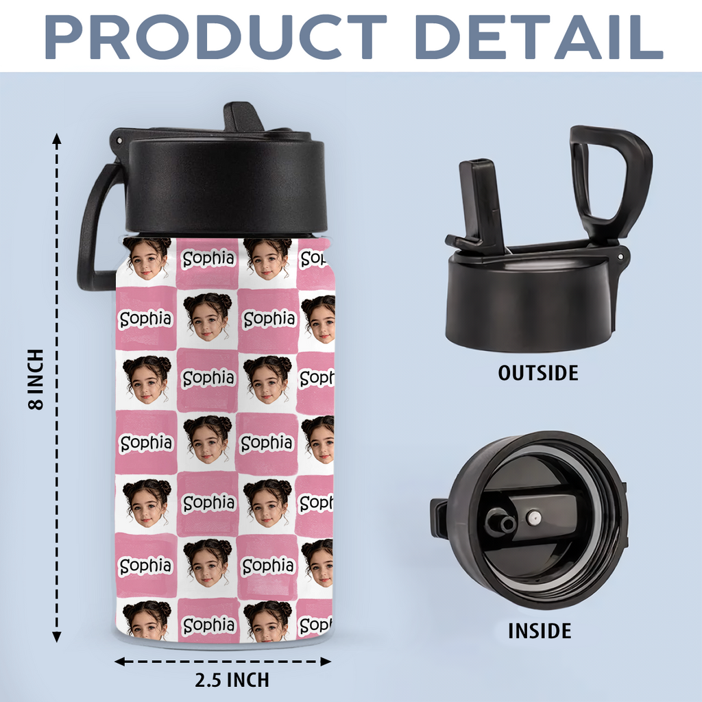 Personalized Water Bottle with Photo & Name Custom Gift for Kids HN590 - Kid Water Bottle With Straw GradoCreations