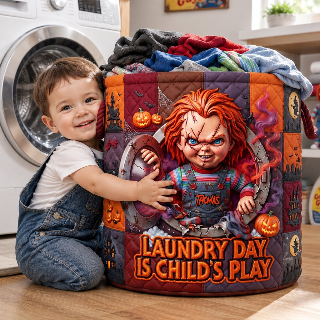 Personalized Creepy Doll Quilted Laundry Basket Gift for Horror Lovers Quilted Laundry Basket GradoCreations