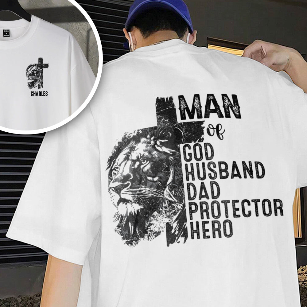 Personalized Christian Lion Cross Shirt Gift for Dad | Husband HN590 - Tshirt Back & Front GradoCreations