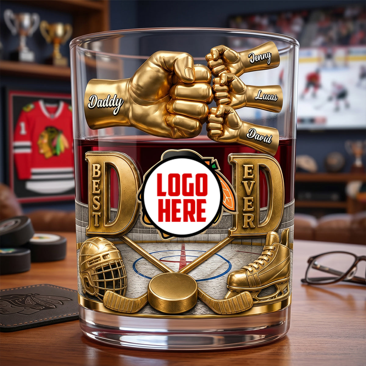 Personalized Whiskey Glass Best Dad Ever Hockey Fist Bump Gift for Dad