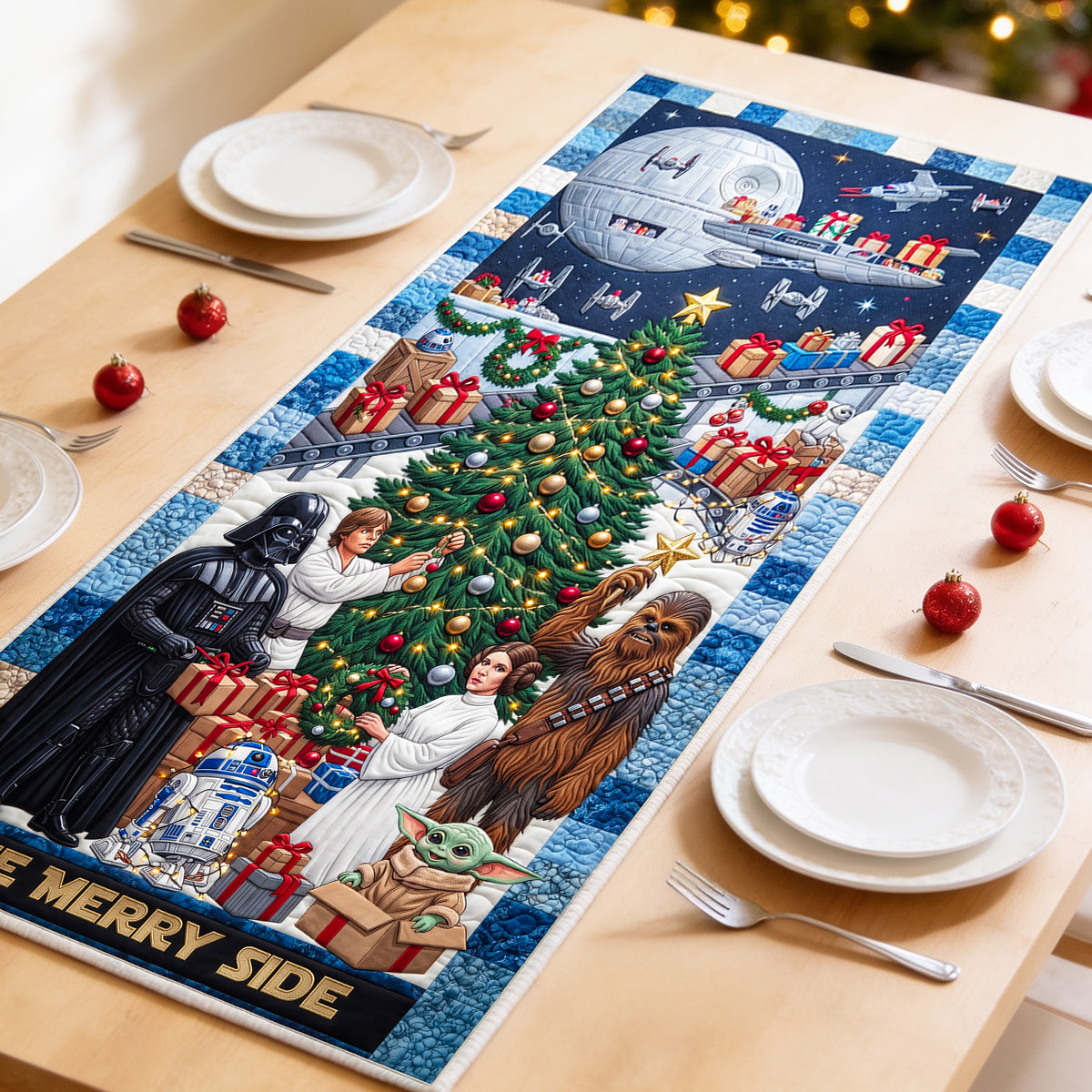 Custom Name Christmas Table Runner with Star Wars Design for Family Quilt Table Runner GradoCreations