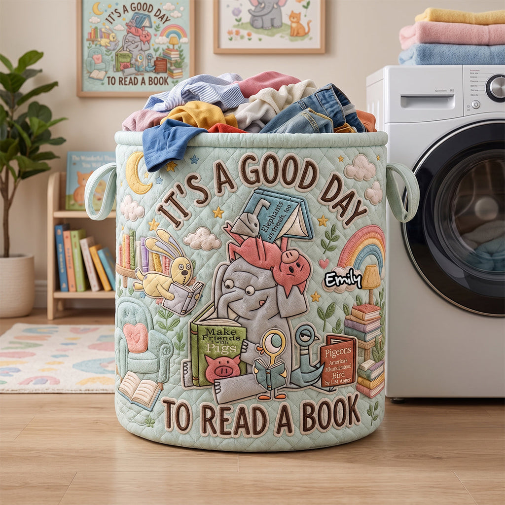 Personalized Quilted Laundry Basket for Book Lovers - Custom Name Gift Quilted Laundry Basket GradoCreations